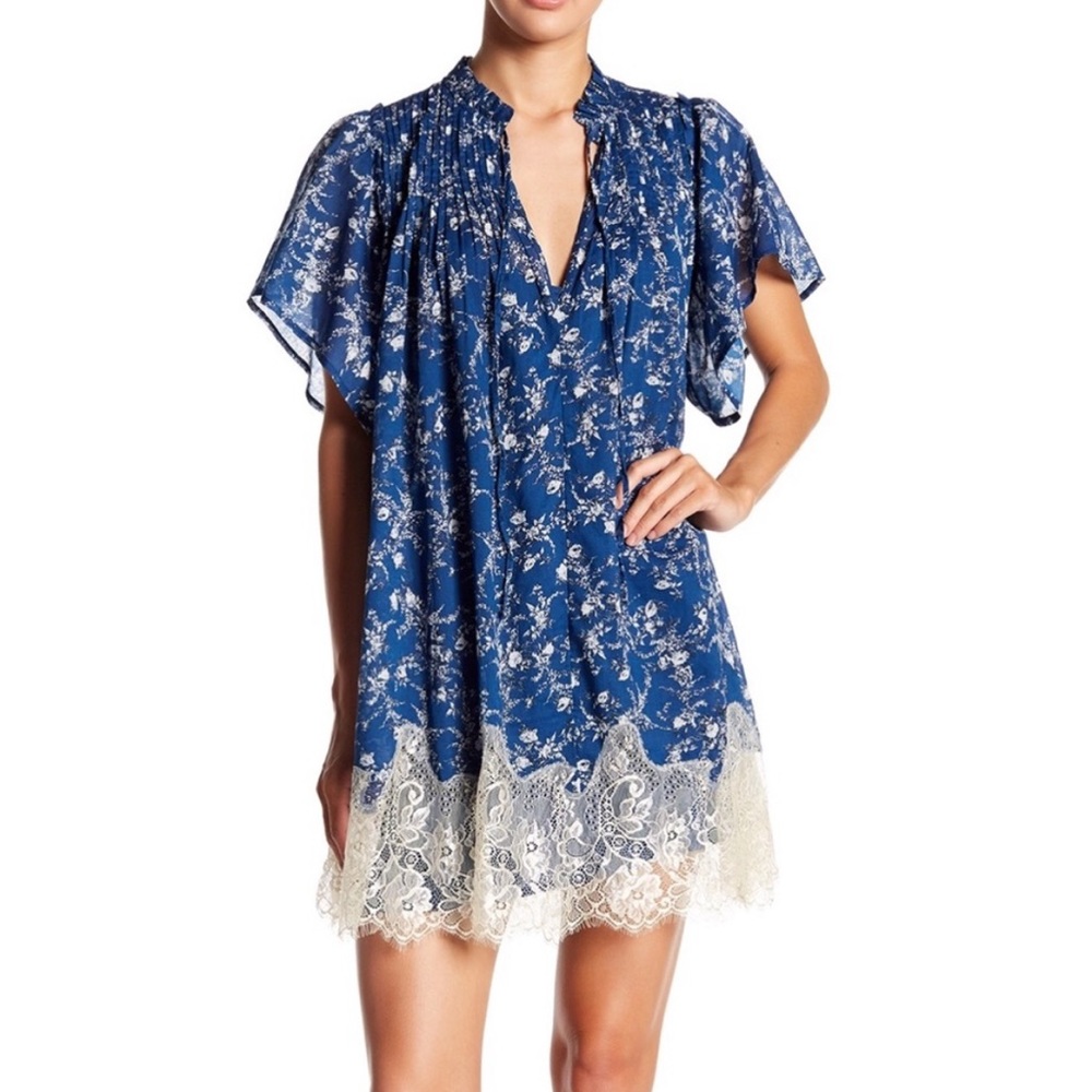 Free People Blue Marigold Cotton Mini Shift Dress w/ Ivory Lace Hem Size Small